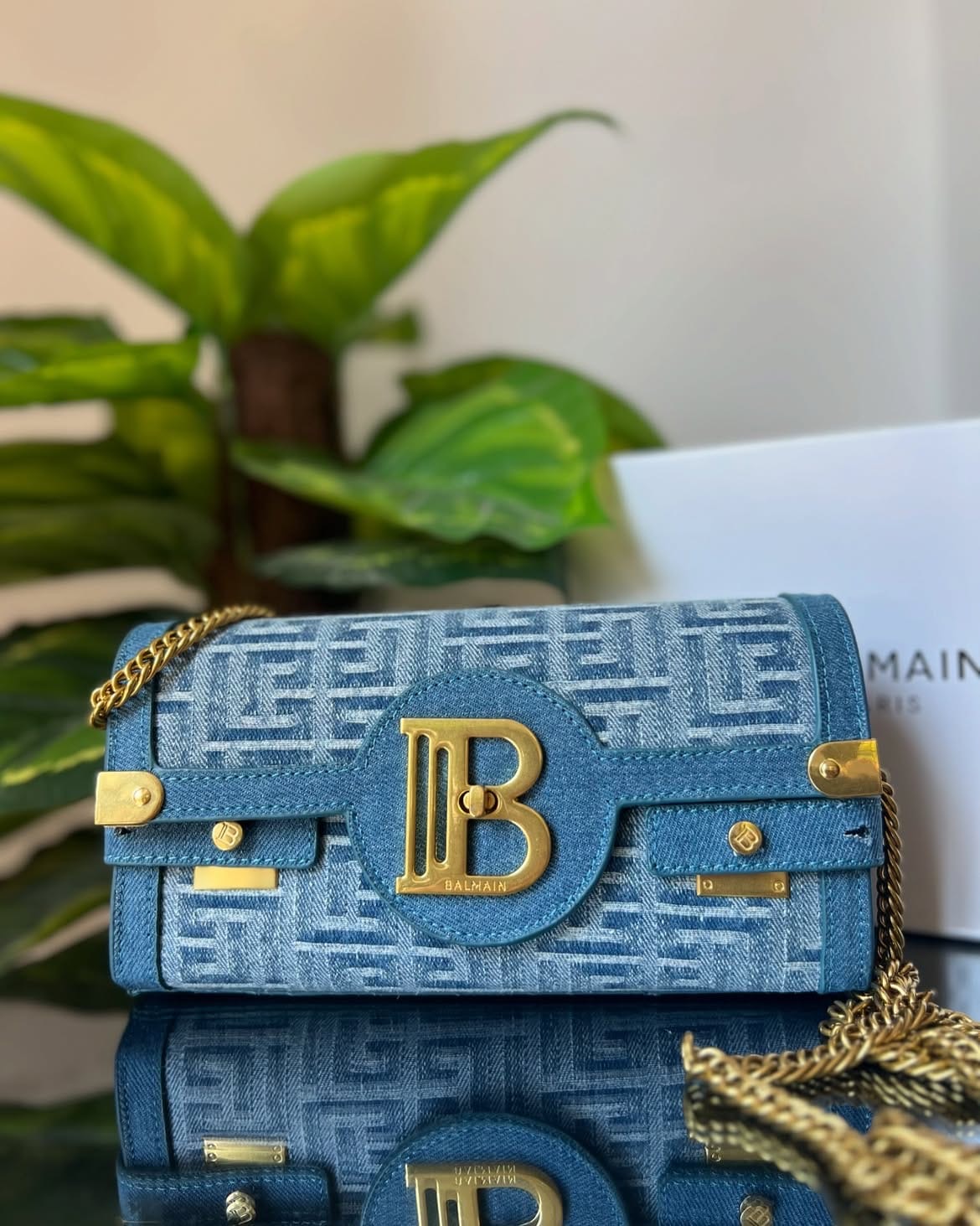 Balmain Blue Denim Monogram Chain Bag