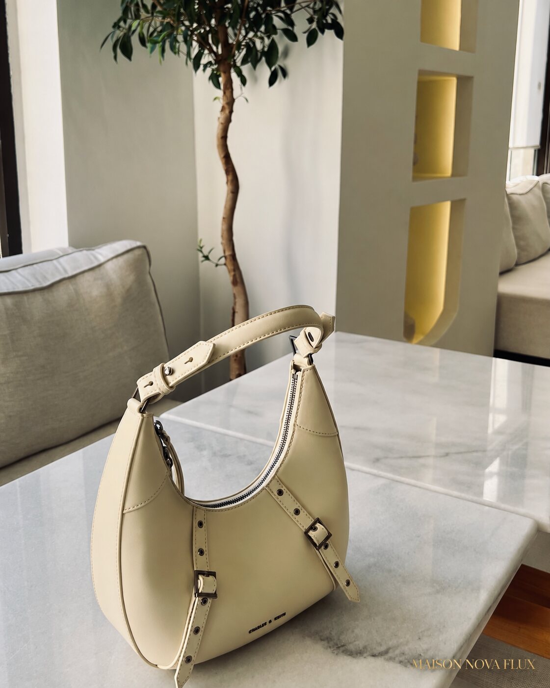 Charles & Keith Saskia Cream Crescent Hobo Bag