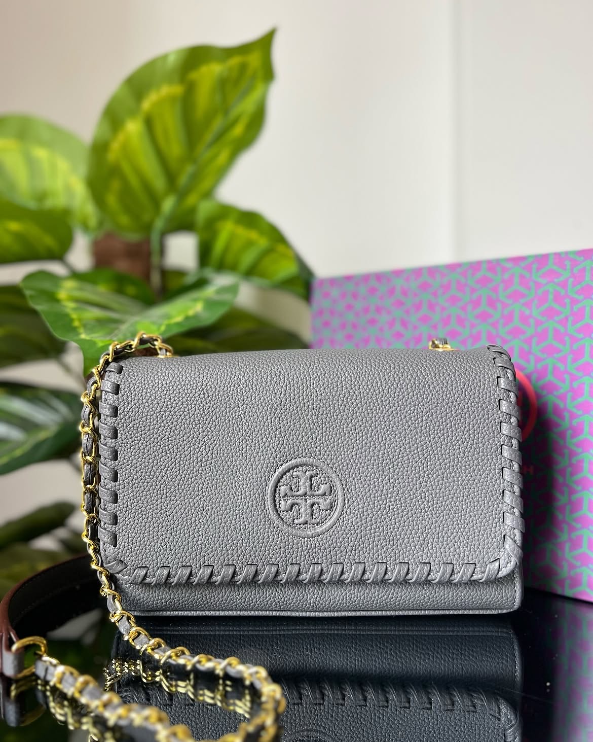 Tory Burch Grey Whipstitch Chain Shoulder Bag