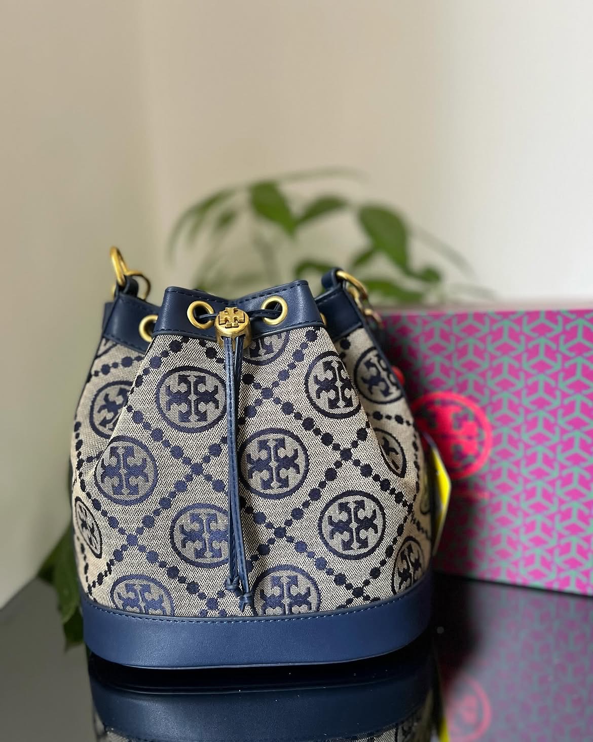 Tory Burch Navy Monogram Bucket Bag