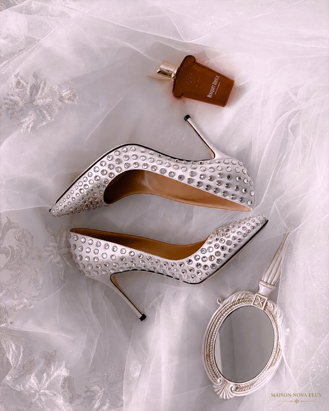 Crystal-Embellished Ivory Satin Pumps