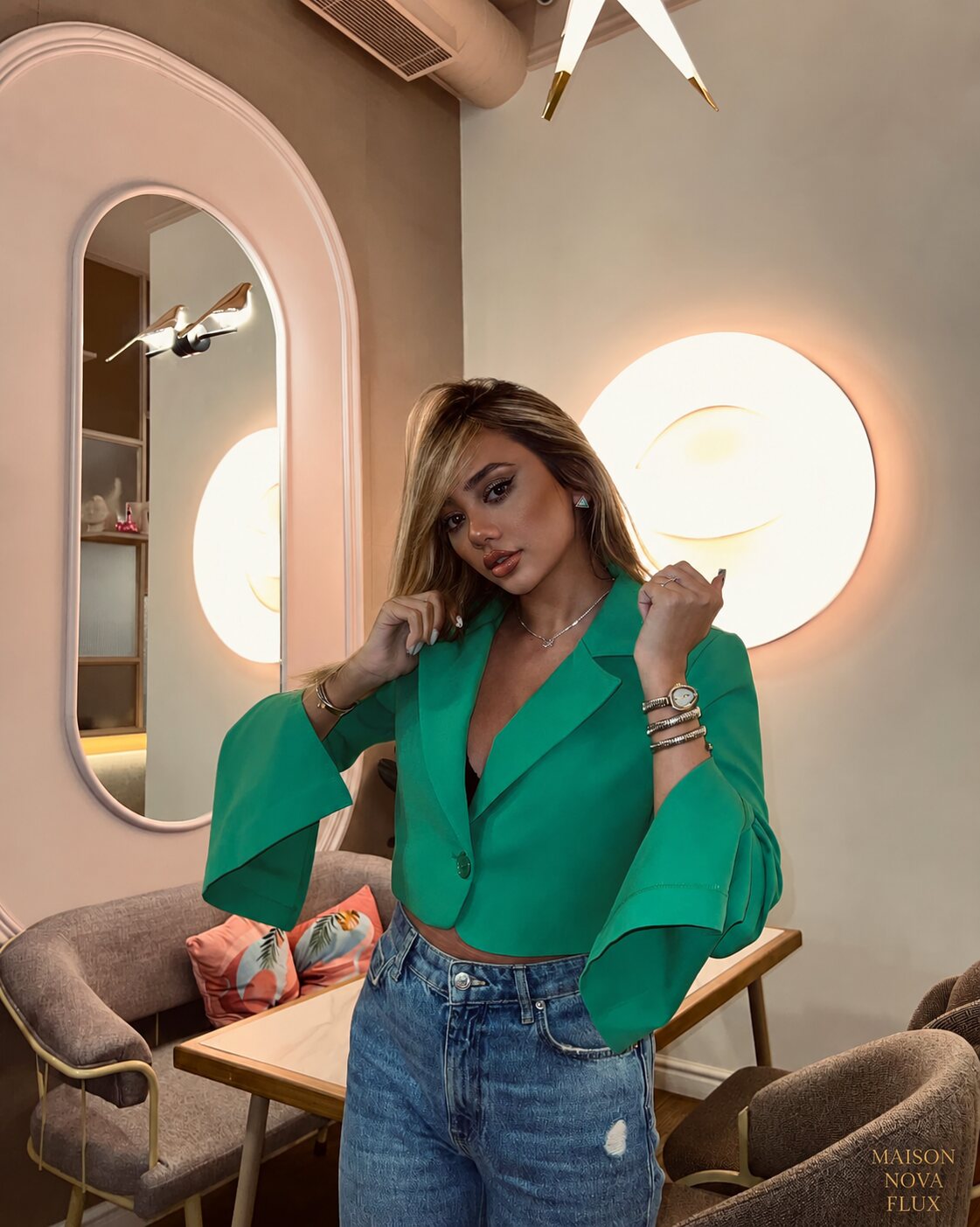 Emerald Bell-Sleeve Cropped Blazer