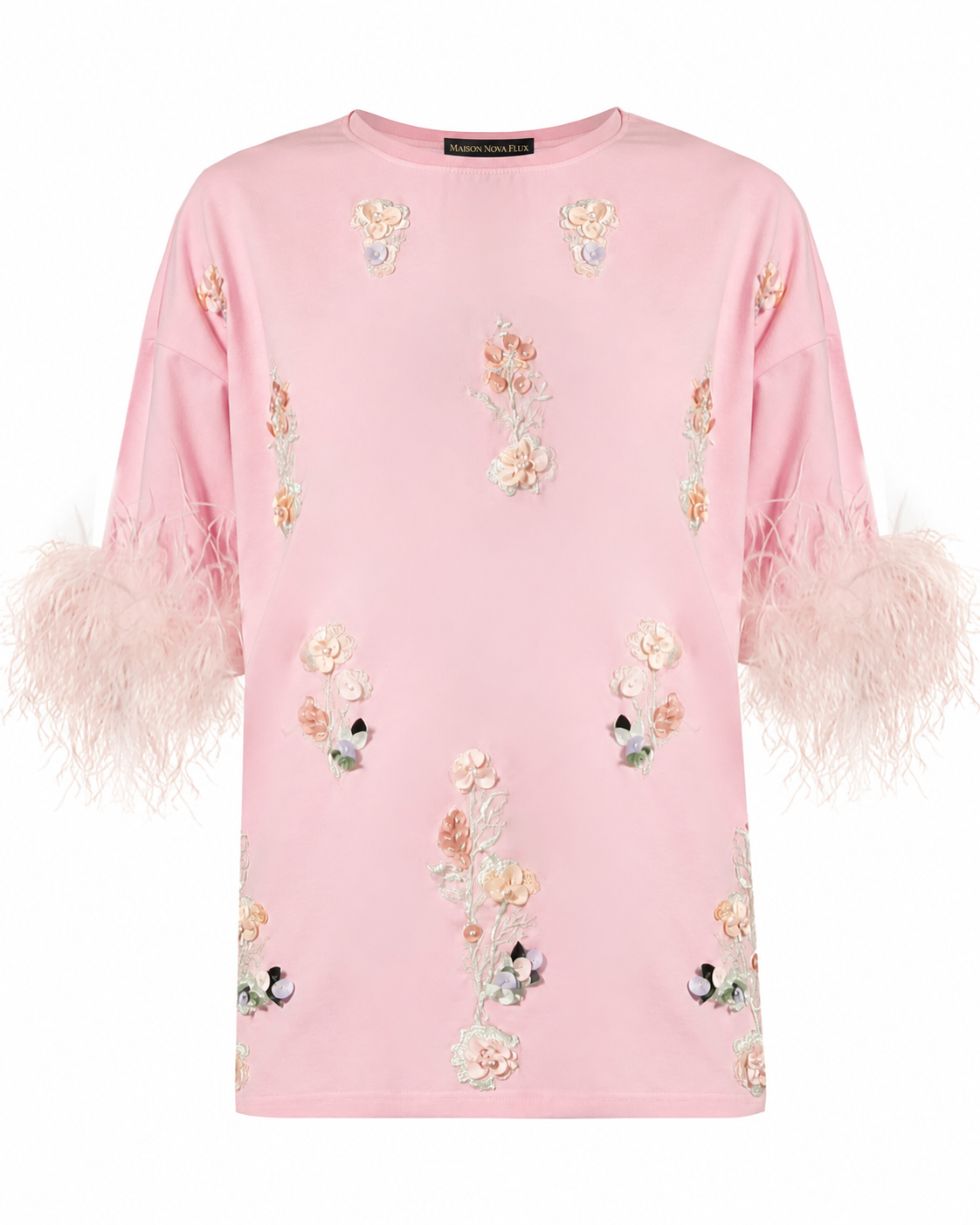 Blush Floral Sequin Feather-Cuff Tunic