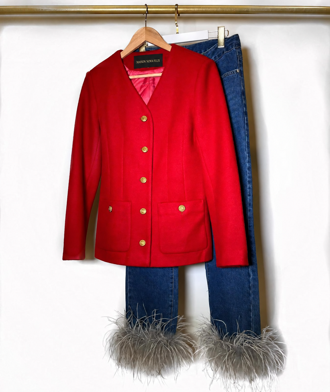 Crimson Gold-Button Feather-Denim Set