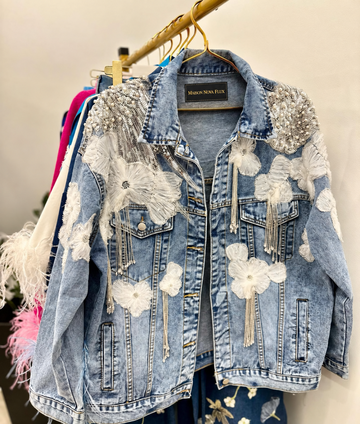 Crystal Blossom Appliqué Denim Jacket
