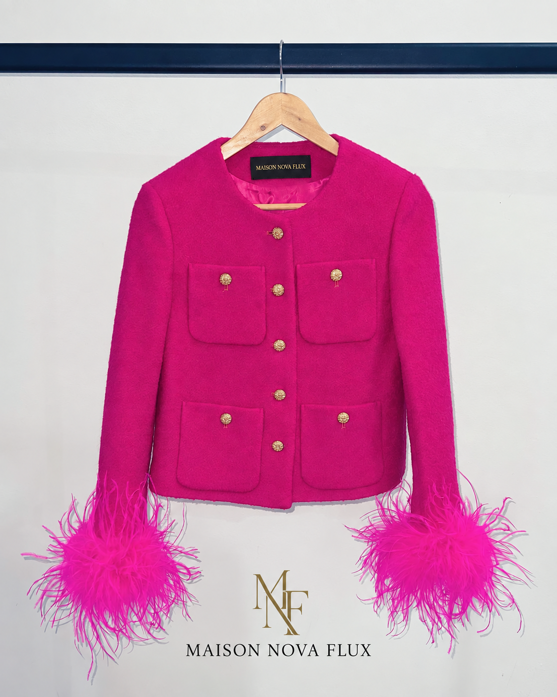 Fuchsia Feather-Cuff Bouclé Jacket