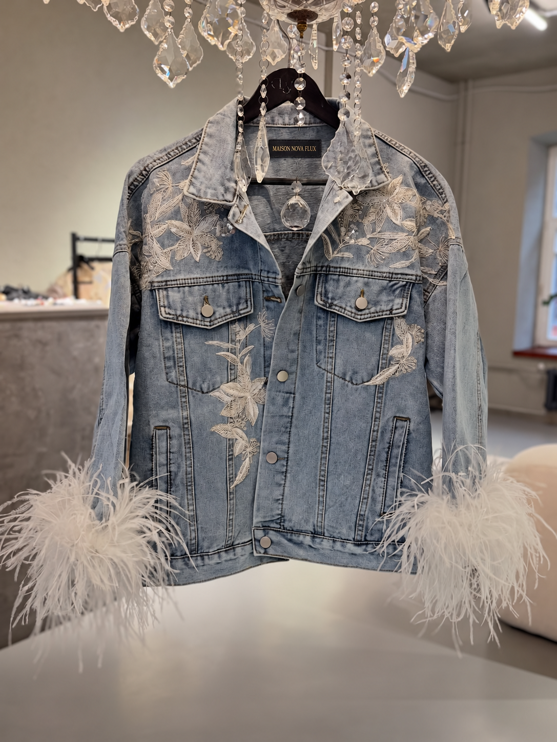 Ivory Botanical Feather-Cuff Denim Jacket