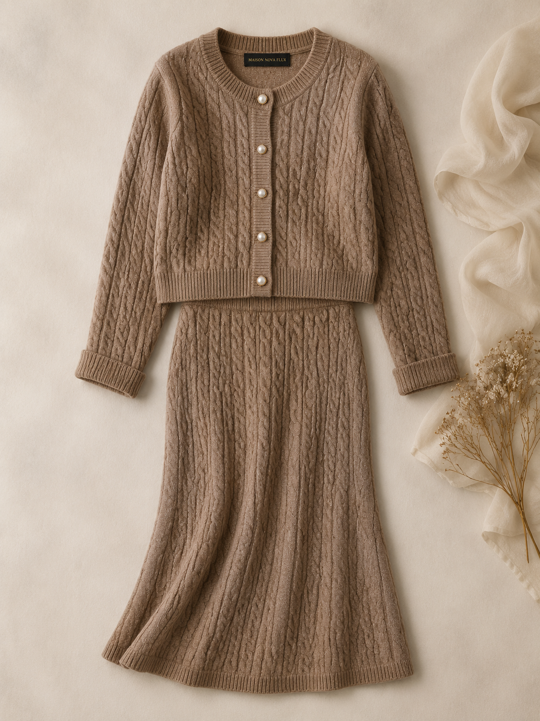 Mocha Cardigan & Midi Skirt Set