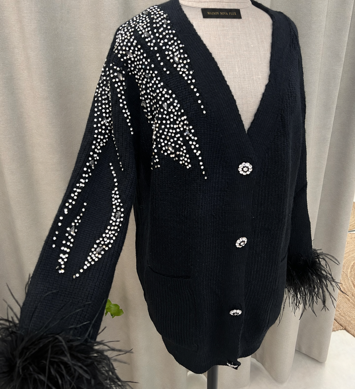 Noir Crystal-Embellished Feather Cardigan