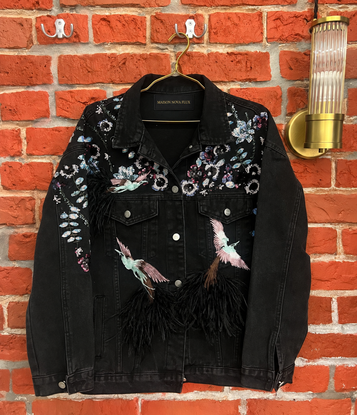 Noir Hummingbird Embroidered Denim Jacket