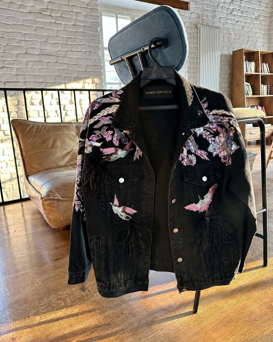 Noir Hummingbird Feather-Detail Denim Jacket