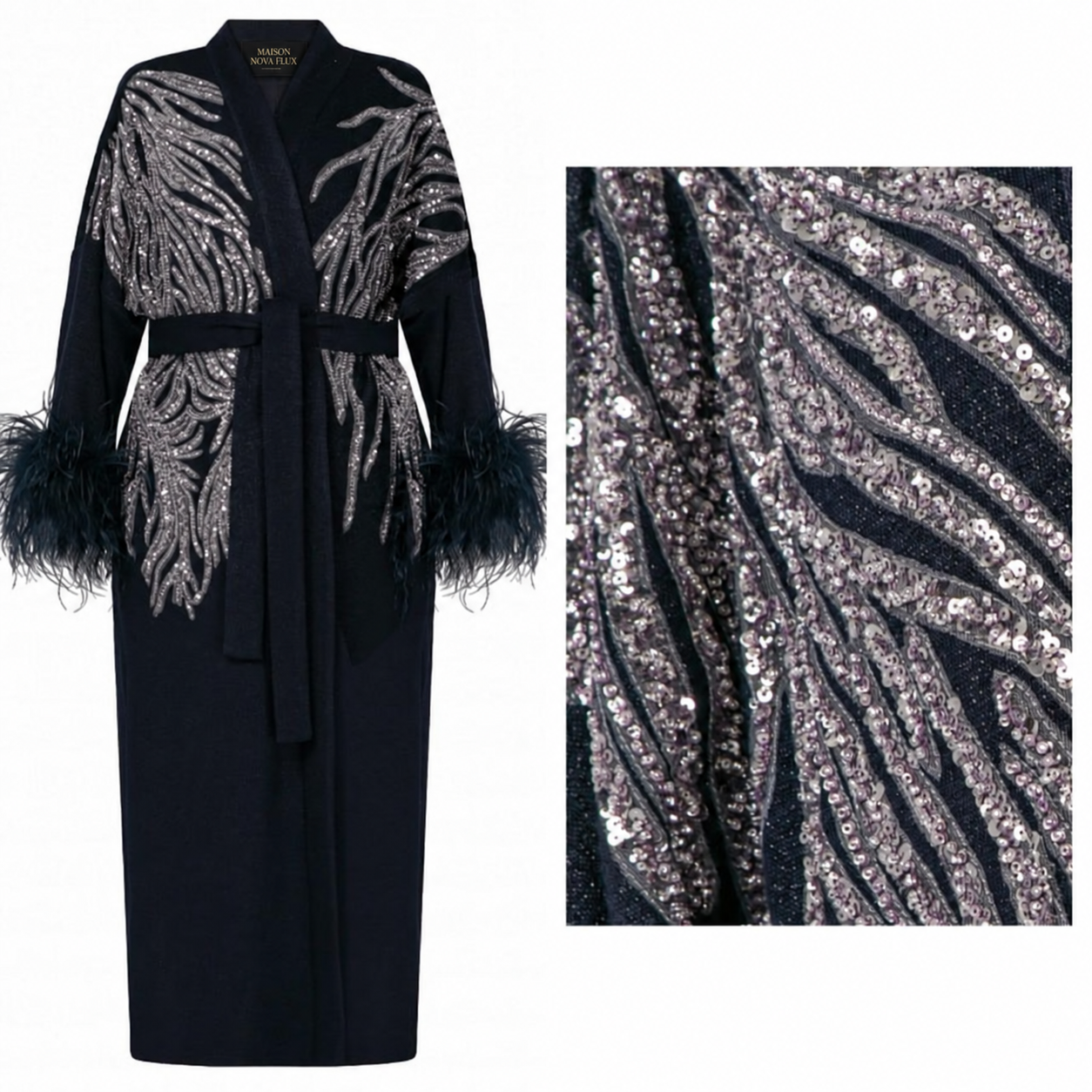 Noir Silver Sequin Feather-Cuff Robe