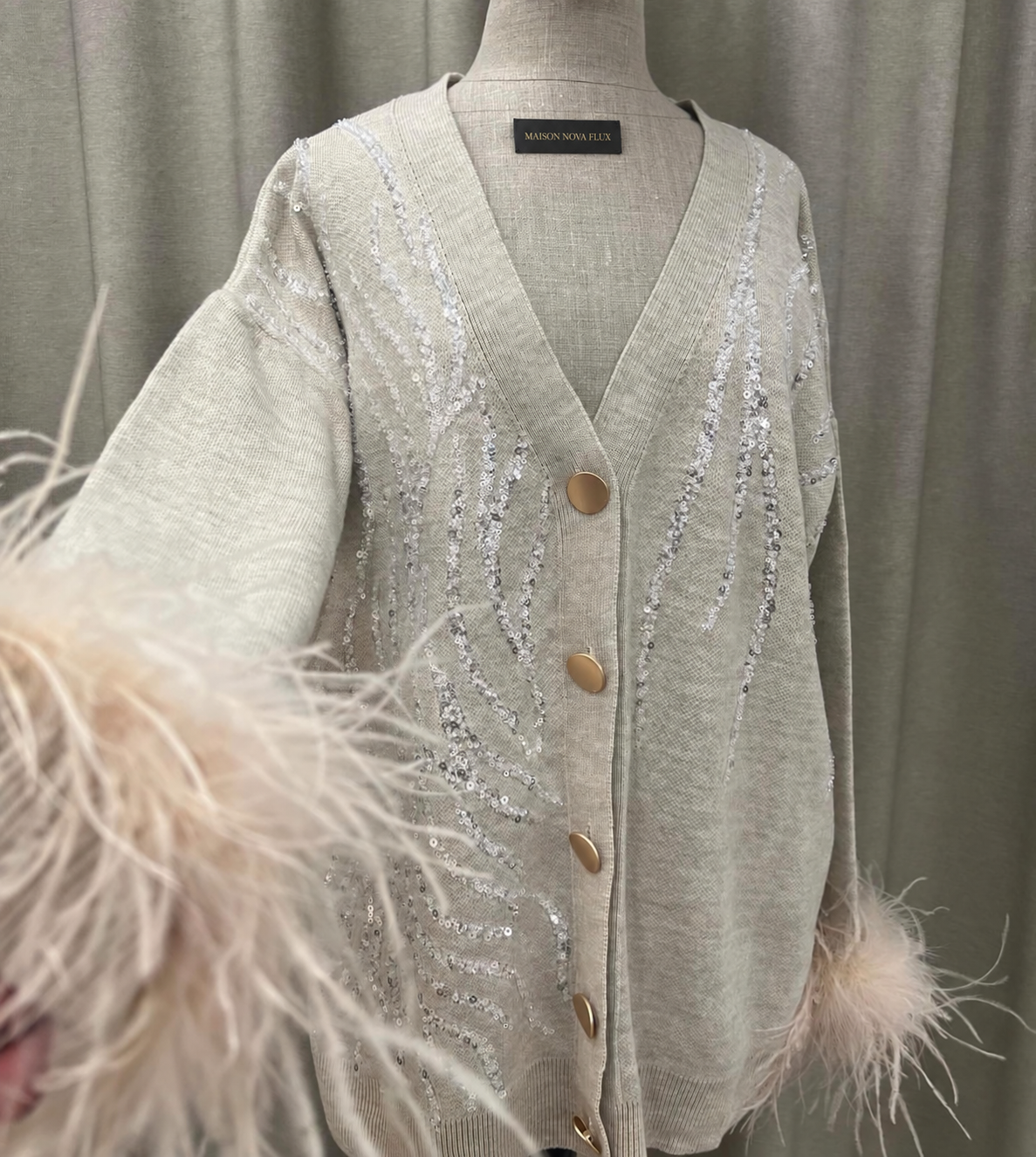 Pearl Sequin Feather-Cuff Cardigan