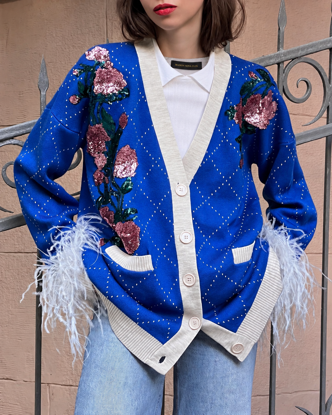 Royal Blue Floral Sequin Cardigan