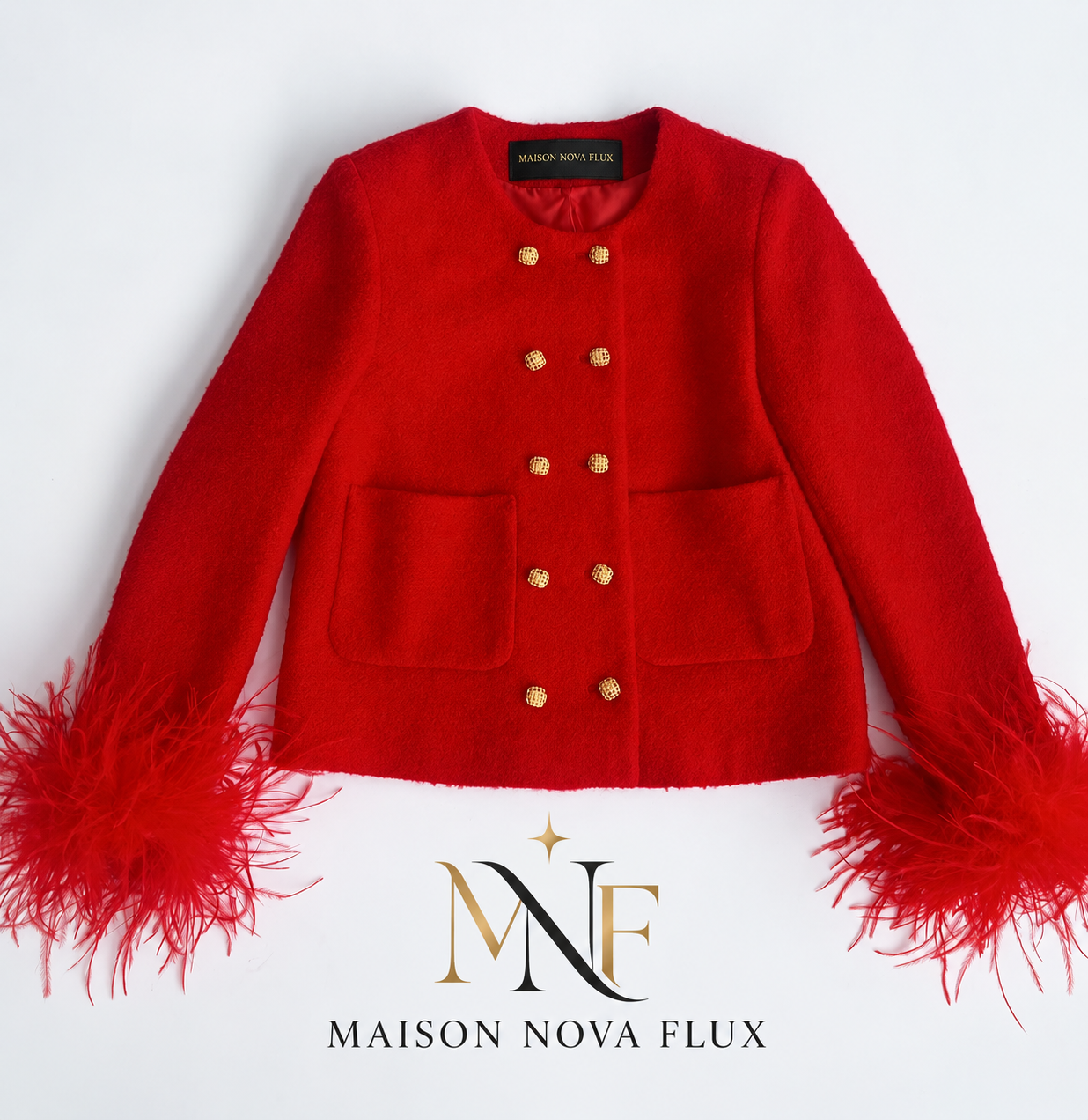Scarlet Feather-Cuff Bouclé Jacket